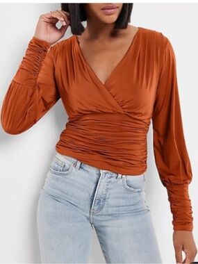 Express Rust Silky V-Neck Ruched Top